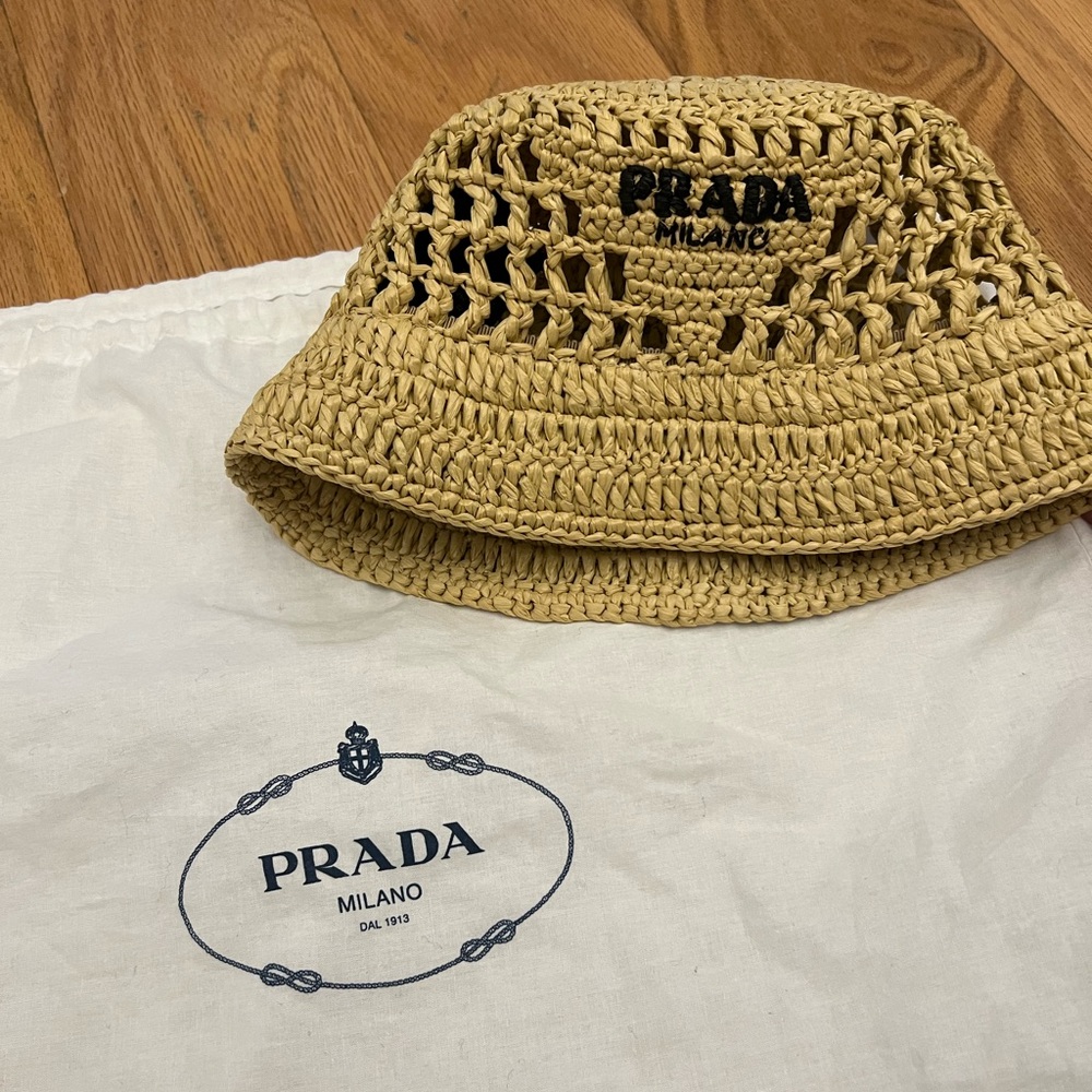 Prada Tan Crochet Straw Bucket Hat with Black Logo